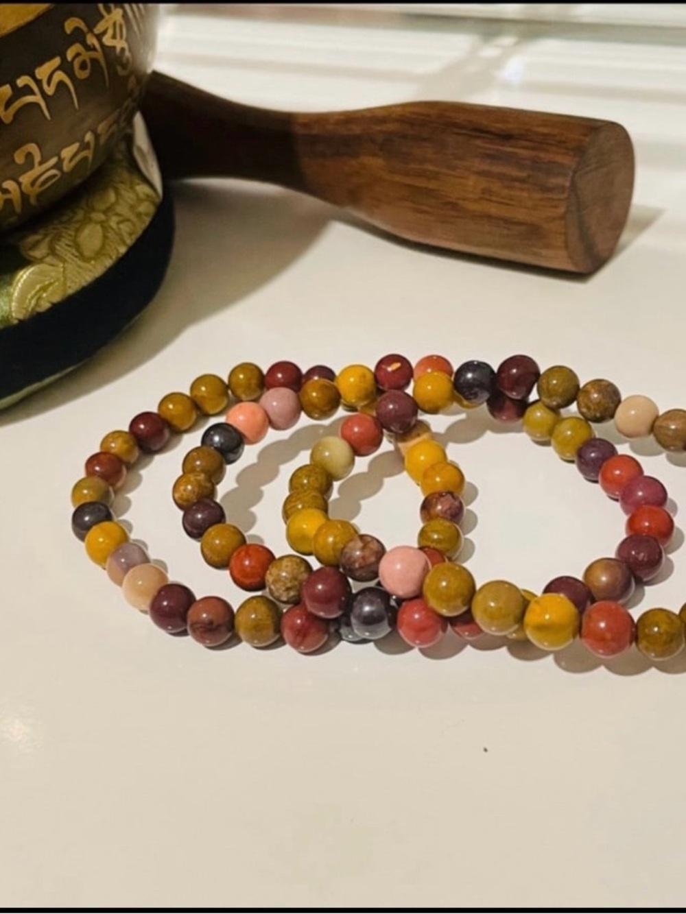 Multi-Color Natural Jasper Stone Bead Stretch Bracelet Set - Yellow, Red & Pink
